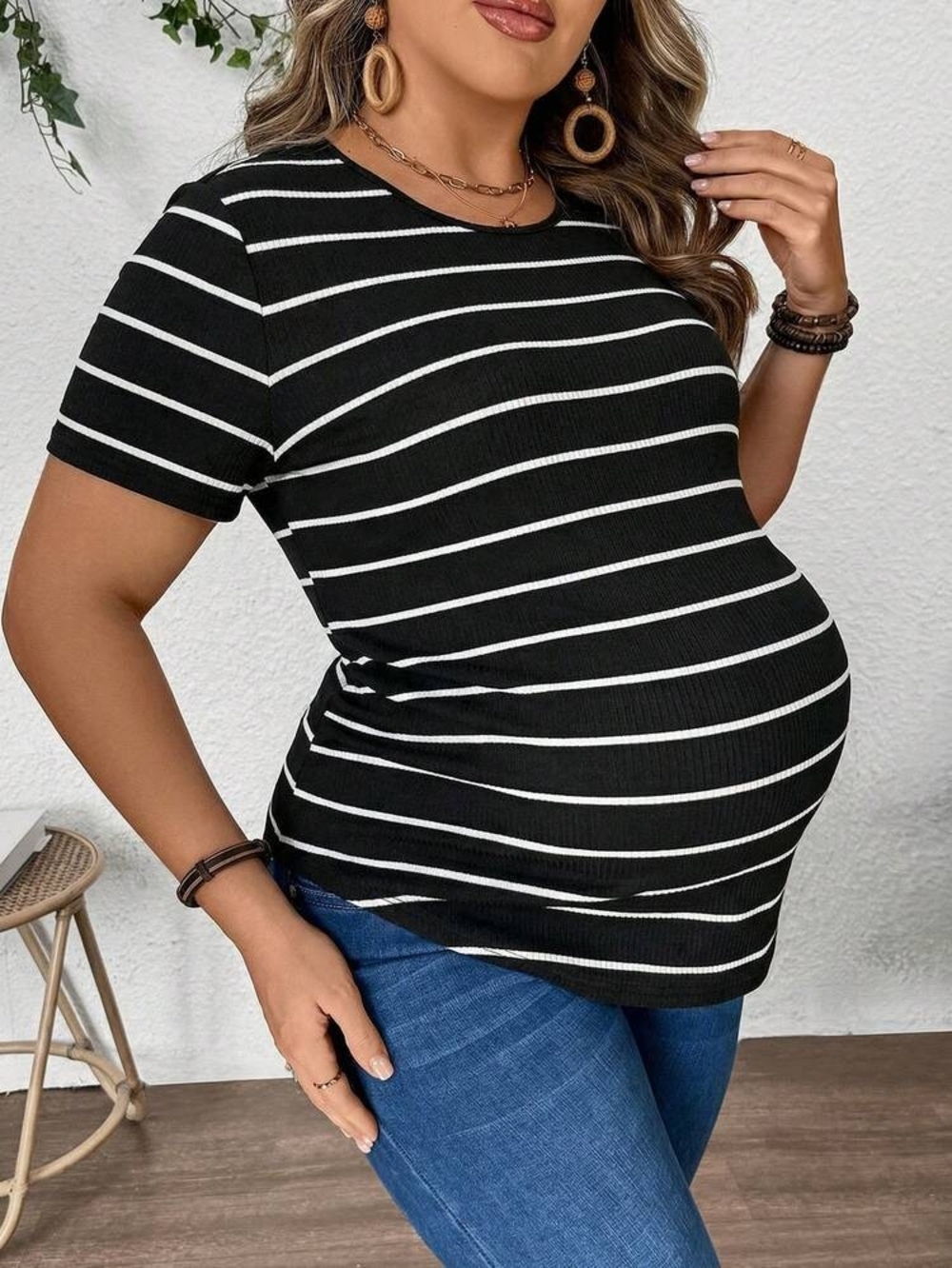 SHEIN Black & White Striped Short Sleeve Maternity Tee Size Large